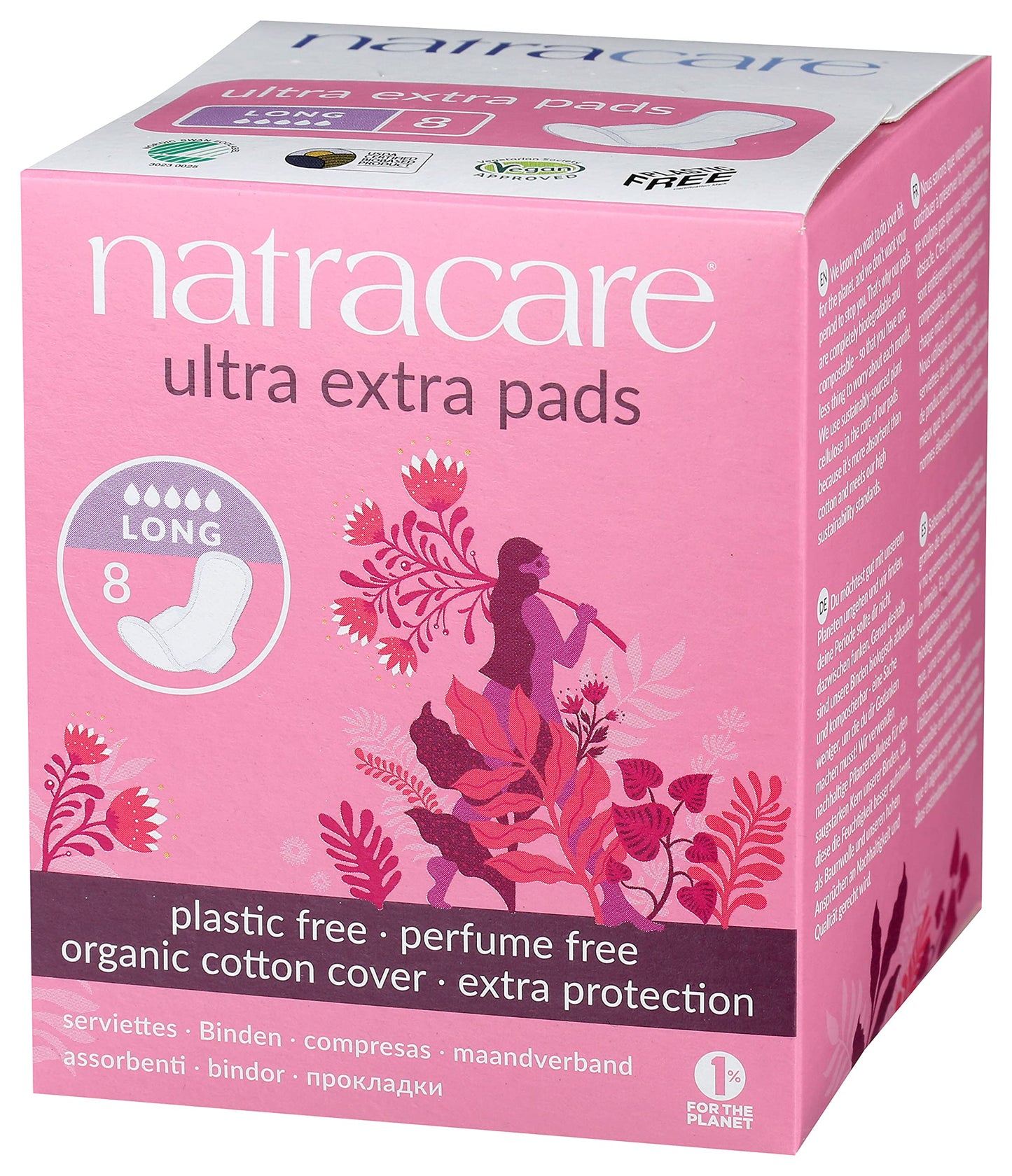 Natracare Ultra Extra Pads with Wings, Long, Individually Wrapped, Made with Certified Organic Cotton, Ecologically Certified Cellulose Pulp and Plant Starch (1 Pack, 8 Pads Total)