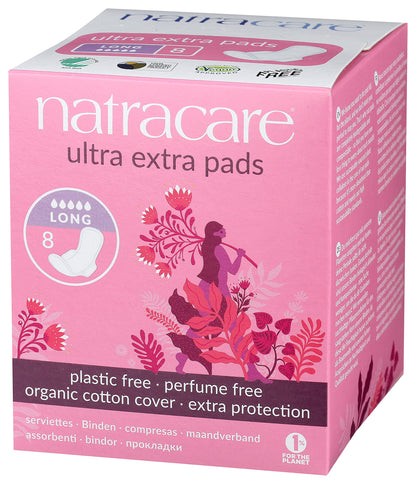 Natracare Ultra Extra Pads with Wings, Long, Individually Wrapped, Made with Certified Organic Cotton, Ecologically Certified Cellulose Pulp and Plant Starch (1 Pack, 8 Pads Total)