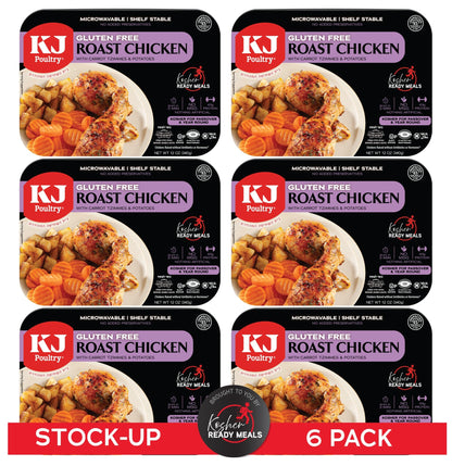 KJ Poultry Kosher for Passover Gluten Free Meals, Roast Chicken with Potato & Carrots, Halal, (6 Pack) Prepared Entree Fully Cooked, Shelf Stable Microwave Dinner, Travel Military Camping