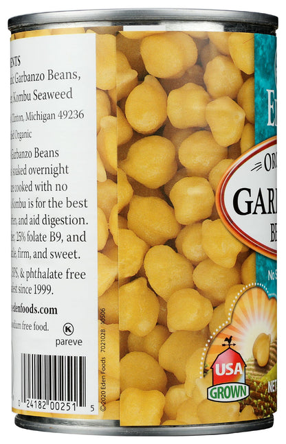 Eden Organic Garbanzo Beans, 15 oz Can, No Salt, Non-GMO, Gluten Free, Vegan, Kosher, U.S. Grown, Heat and Serve, Macrobiotic, Chickpeas
