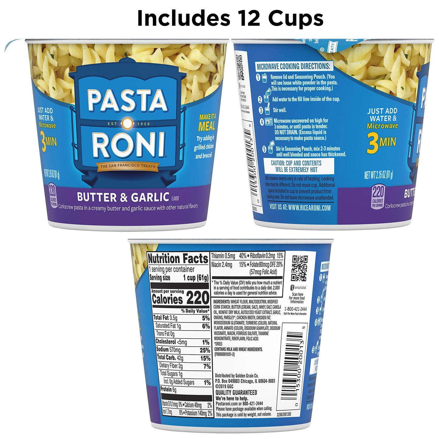 Pasta Roni Cups Mix, Butter & Garlic Pasta, 2.15 Oz (Pack of 12)