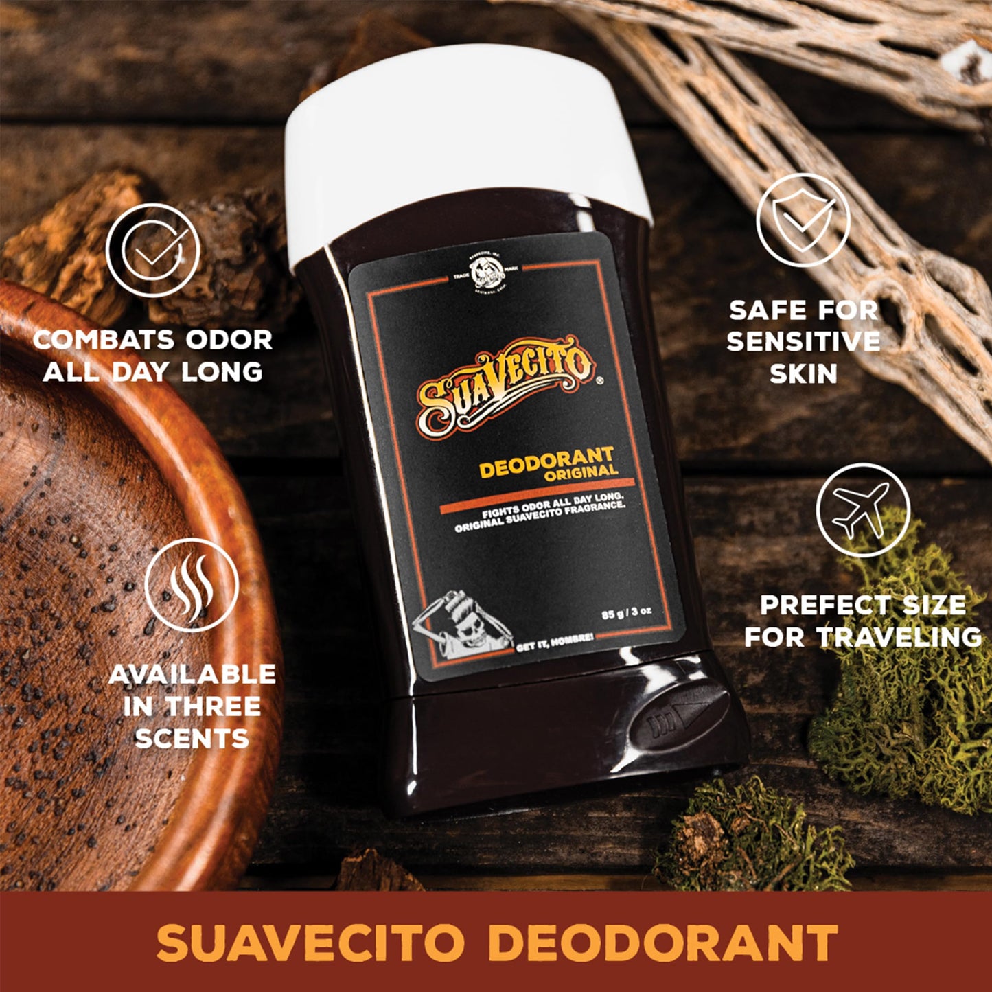 Suavecito Original Scent Stick Deodorant Underarms Men's Grooming Aluminum Free Combats Odor All Day Long
