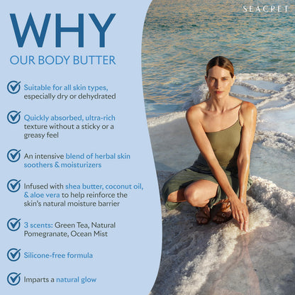 SEACRET Minerals Dead Sea Body Butter - Ultra-Rich Shea Butter & Coconut Oil Body Moisturizing Cream for Dry Skin, Fast Absorbing, Non-Greasy with Aloe Vera & Vitamin E, 8.5 fl. oz.