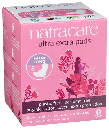 Natracare Ultra Extra Pads with Wings, Long, Individually Wrapped, Made with Certified Organic Cotton, Ecologically Certified Cellulose Pulp and Plant Starch (1 Pack, 8 Pads Total)