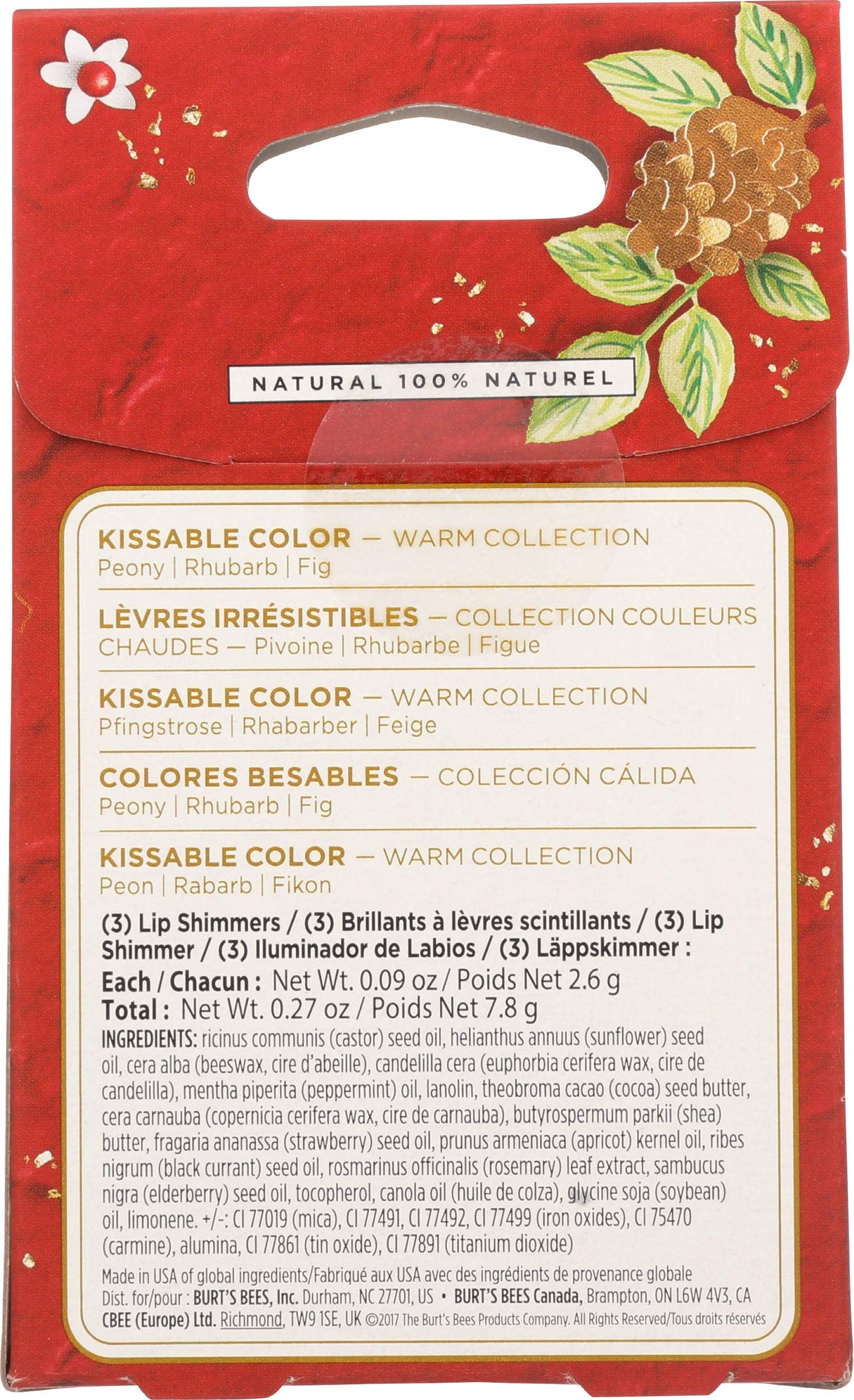 Burt's Bees Kissable Color Holiday Gift Set, 3 Lip Shimmers in Gift Box, Warm Collection in Peony, Fig & Rhubarb