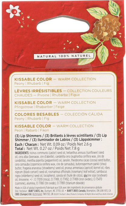 Burt's Bees Kissable Color Holiday Gift Set, 3 Lip Shimmers in Gift Box, Warm Collection in Peony, Fig & Rhubarb