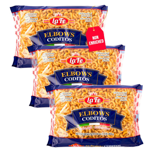 La Fe Elbow Macaroni Pasta 16oz - 3 Pack - Unenriched Semolina Wheat Pasta Italian Elbows - Cholesterol & Sodium Free