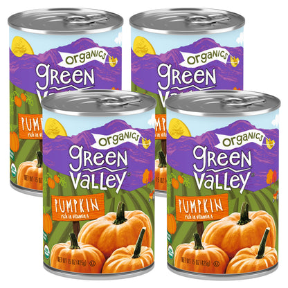 Green Valley Organics Pumpkin | Certified Organic | 100% Dickinson Variety | Sweet Earthy Delicious | Firm & Smooth | Vibrant Autumn Orange | American Grown & Made | 15 oz (Pack of 4)