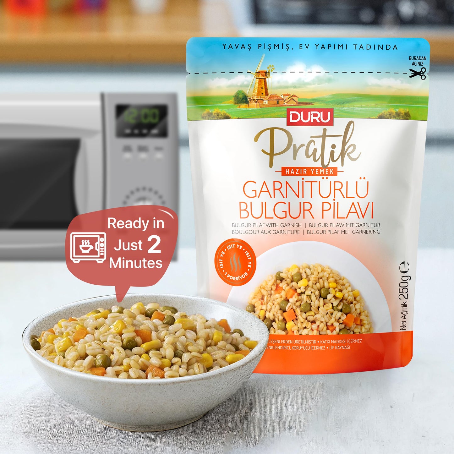 Duru Ready Bulgur Pilaf with Garnish, 250g x 4 Pack – Heat & Eat, 100% Natural, Non-GMO, BPA Free, No Trans Fat, No Preservatives