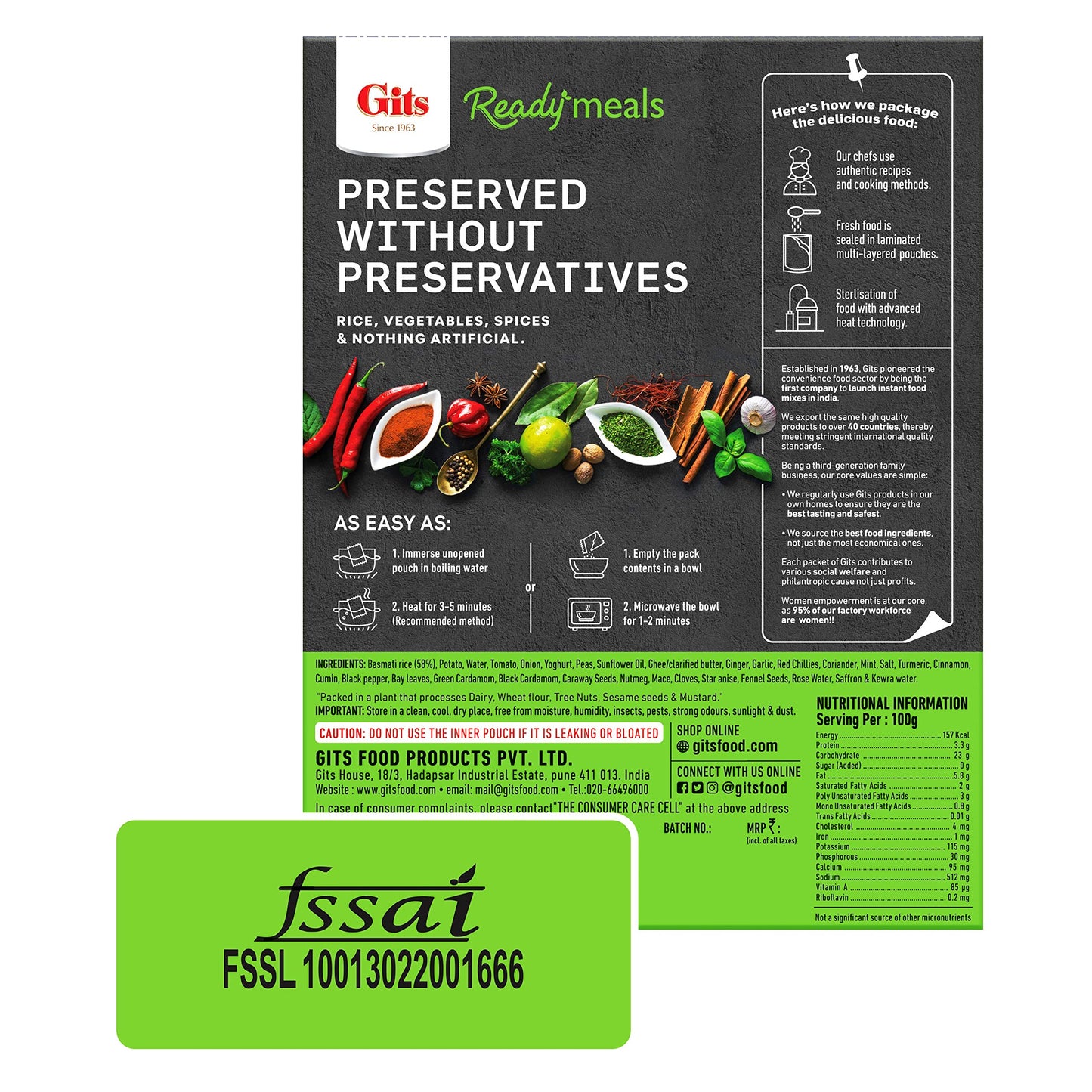 Gits Ready to Eat Veg Biryani, 795g (Pack of 3 X 265g Each)