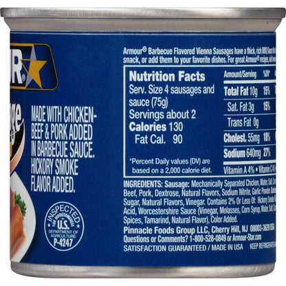 Armour Star Vienna Sausage, BBQ Flavored, Ready to Eat Canned Sausage, 7g Protein Per Serving, 4.6 oz. (Bulk Pack of 24)