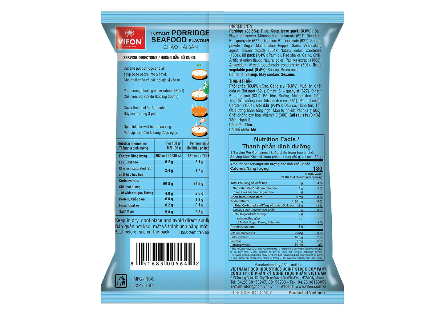 VIFON Instant Porridge Seafood Flavour 50gr, 1 CARTON = 50 BAGS, USFDA, 50 bags x 1.75 Oz (50g)