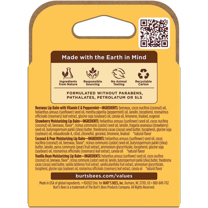 Burt's Bees Lip Balm, Beeswax, Strawberry, Coconut and Pear, and Vanilla Bean Pack, With Responsibly Sourced Beeswax, Tint-Free, Natural Lip Treatment, 4 Tubes, 0.15 oz.