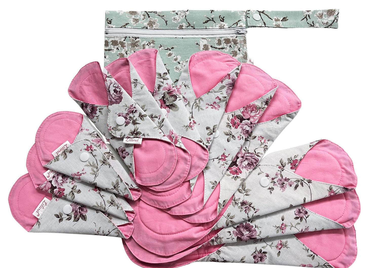 Lilind® 12 Pack Organic Cloth Pads on Vintage Flowers with Wet Bag, Jumbo Starter Set, Reusable Washable Menstrual Sanitary Napkins, Waterproof Family Cloth, Zero Waste 100% Cotton