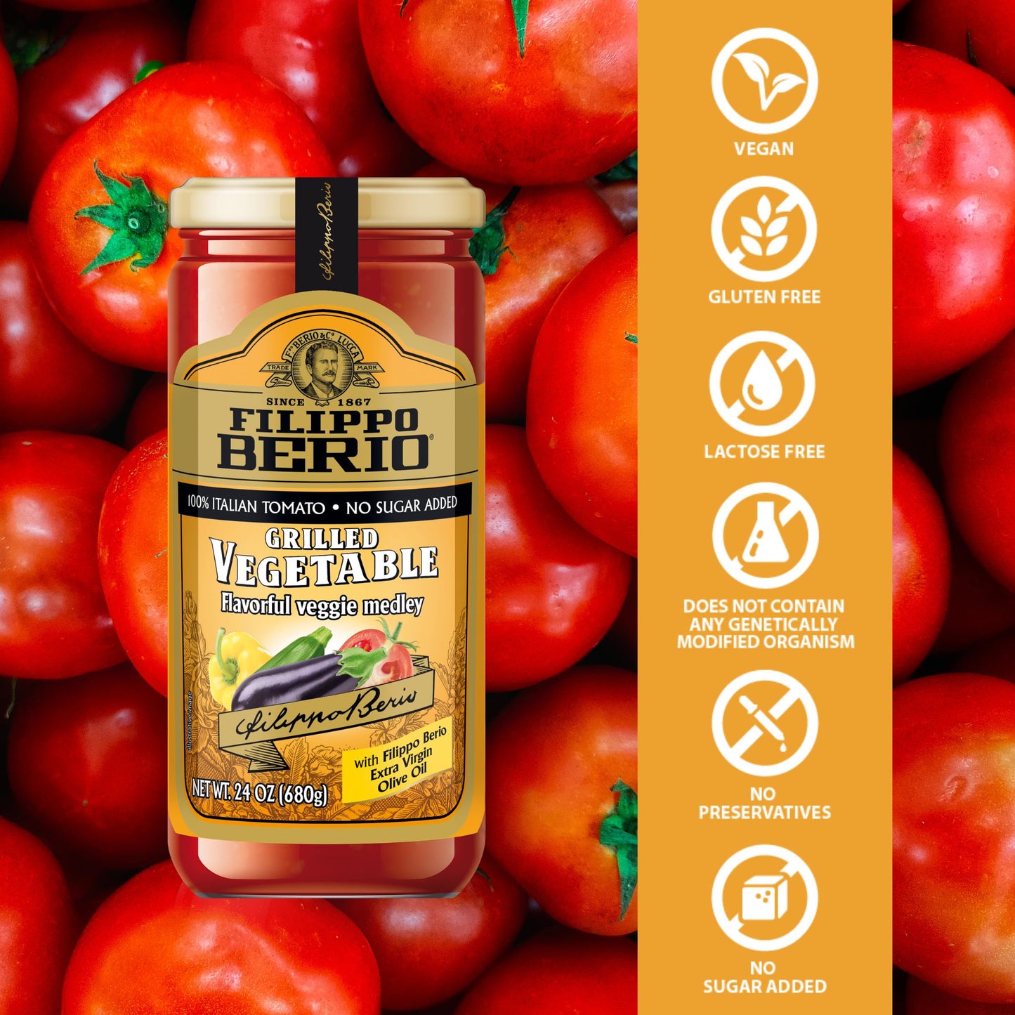 Filippo Berio Pasta Sauce, Grilled Vegetable Sauce, 24 Ounce Glass Jar, No Sugar Added, Vegan, Gluten Free, Lactose Free, Non-GMO