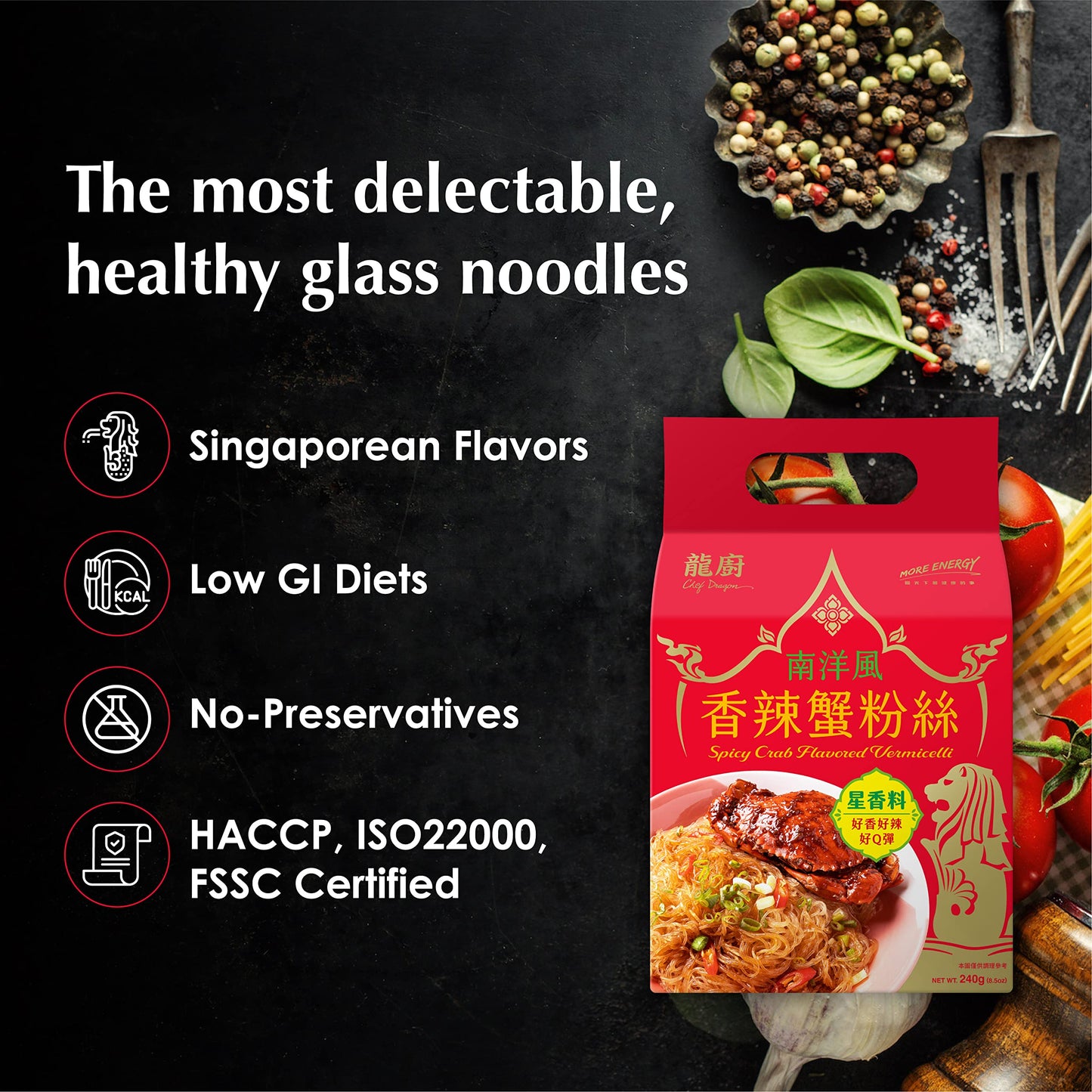 Chef Dragon Singapore Chili Spicy Crab Glass Vermicelli Noodles – Non-Fried, Low‑GI, Quick 10‑Min Meal – Authentic Singapore Chili Crab Flavor | Pack of 1 (3 Counts)