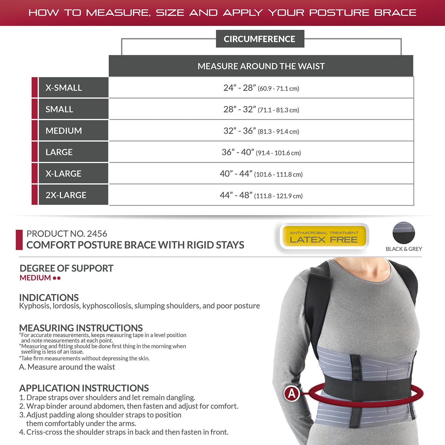 OTC Medical Posture Brace with Rigid Stays, Spinal Curve, Back Lumbar and Neck Support, Large, Black