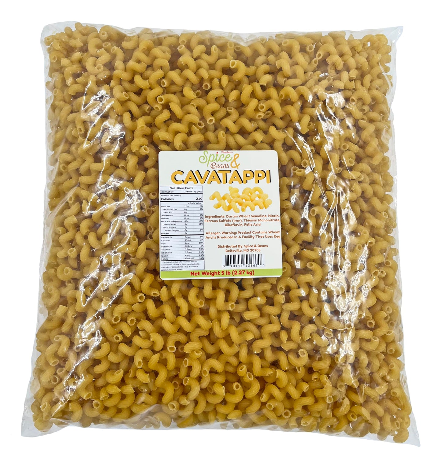 Cavatappi Pasta Noodles | 100% Durum Semolina Flour | by Dasher's Spice & Beans | 5 lb.