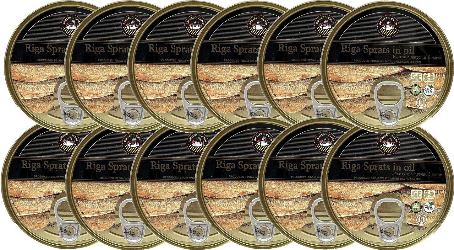 Grilled Catch Sprats Riga Smoked (12 Pack) 5.6 oz Tins in Vegetable Oil Product of Latvia, Kosher