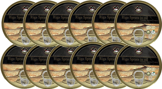 Grilled Catch Sprats Riga Smoked (12 Pack) 5.6 oz Tins in Vegetable Oil Product of Latvia, Kosher