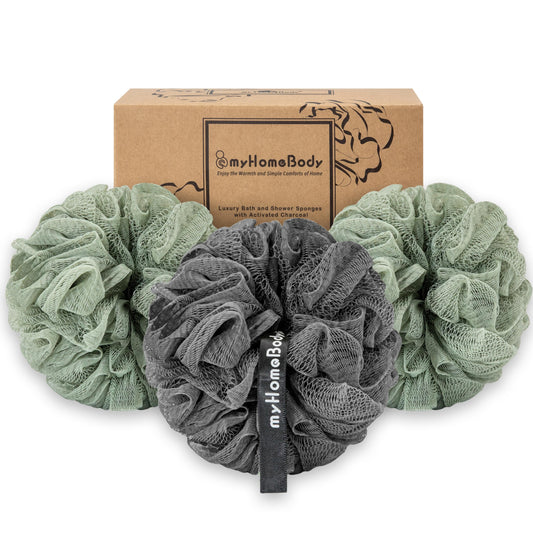 myHomeBody Large 70g Loofah Sponge, Body Scrubber, Bath Sponge, Loofah for Women, Men, Exfoliating Sponge Shower Pouf with Activated Charcoal - 3 Pack, 2 Sage Green + 1 Graphite Gray