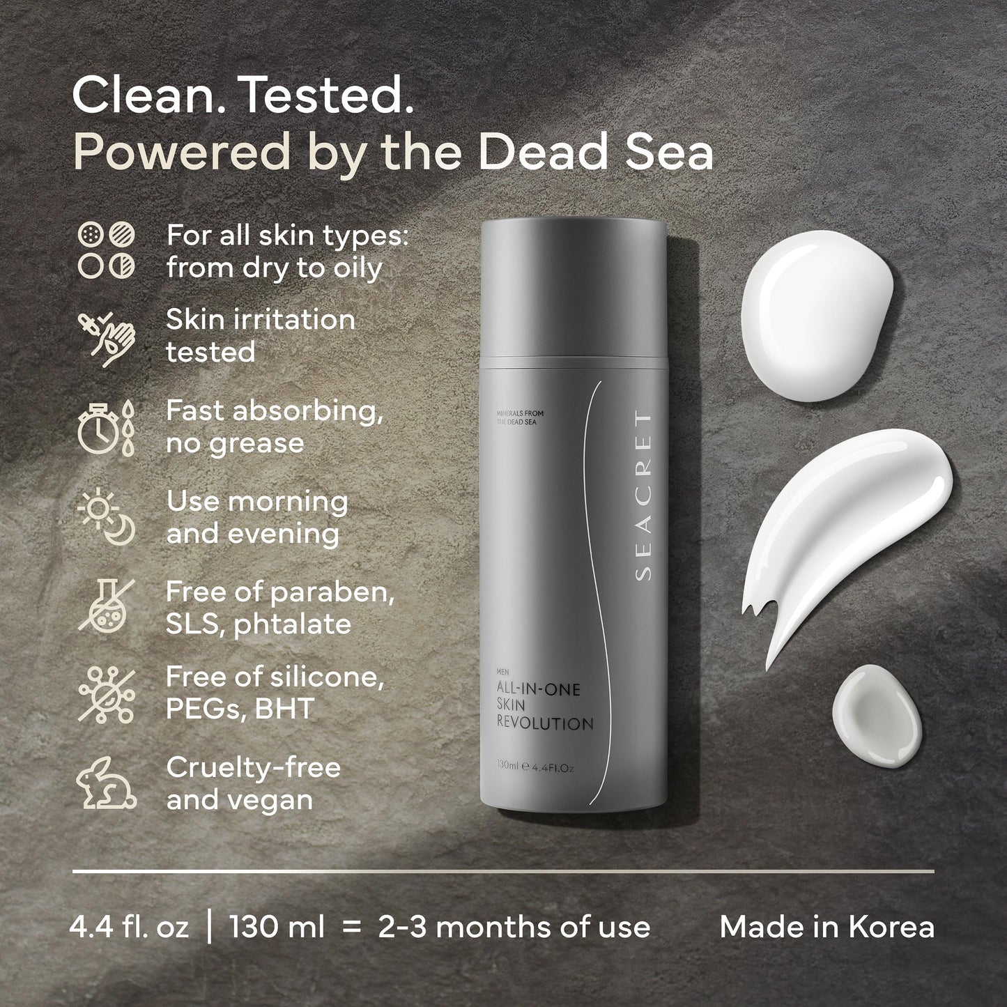 SEACRET Men’s All-in-One Face Moisturizer & Aftershave - 4-Month Supply, Anti-Aging Cream with Niacinamide & Adenosine, Non-Greasy Daily Hydration for Sensitive Skin, 4.4 fl oz