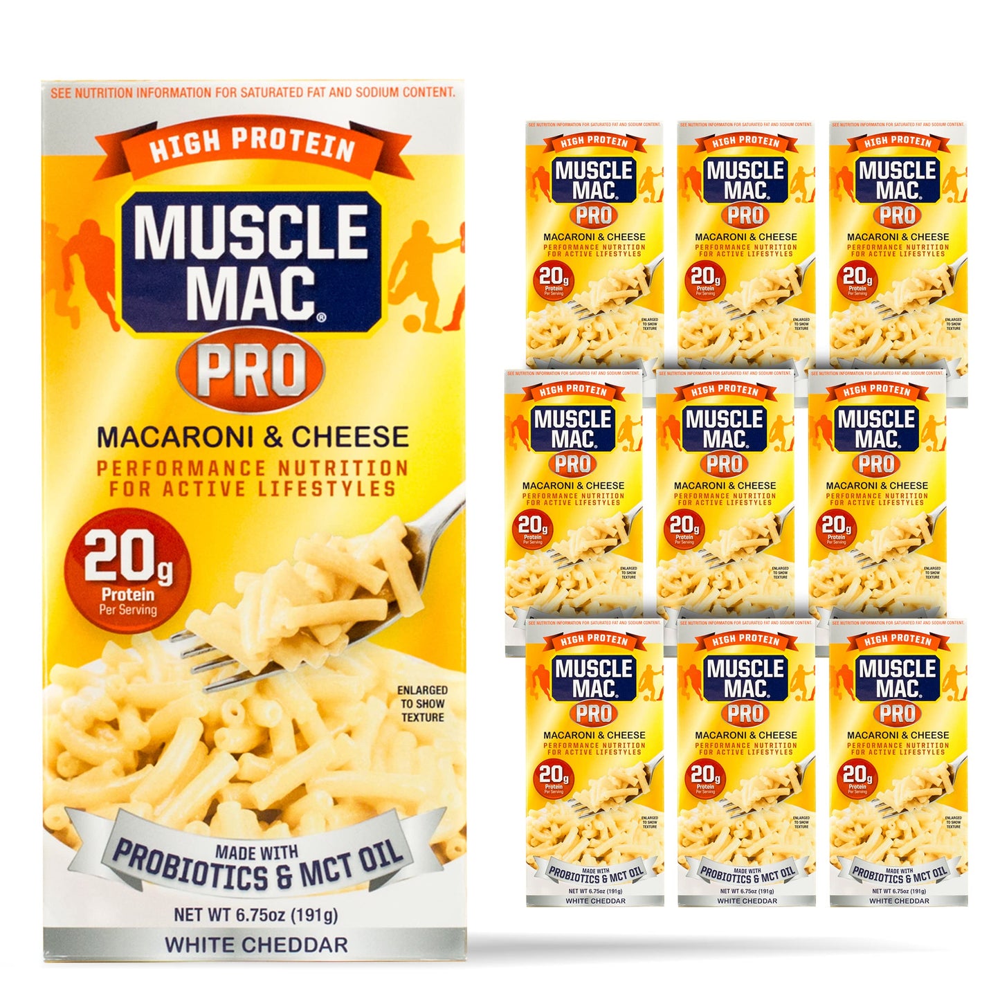 Macaroni and Cheese Carton Made With Probiotics And MTC Oil, 20g High Protein Per Serving Foods, Real White Cheddar Cheese By MUSCLE MAC PRO, (10 Pack)