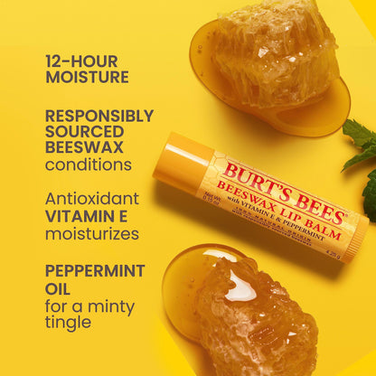 Burt's Bees 100% Natural Moisturizing Lip Balm, Original Beeswax with Vitamin E & Peppermint Oil, 0.15 Oz