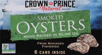 Crown Prince Natural Smoked Oysters Hand Packed in Olive Oil, 3 Ounce Cans (Pack of 6)