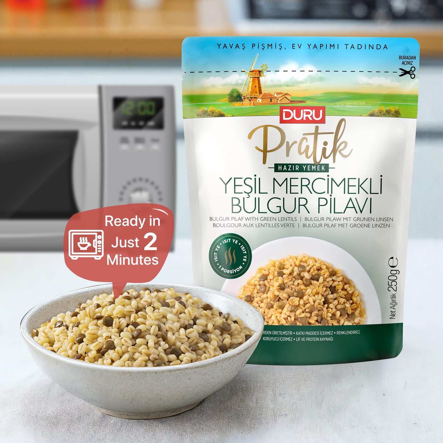 Duru Ready Bulgur Pilaf with Green Lentils, 250g x 4 Pack – Heat & Eat, 100% Natural, Non-GMO, BPA Free, No Trans Fat, No Preservatives