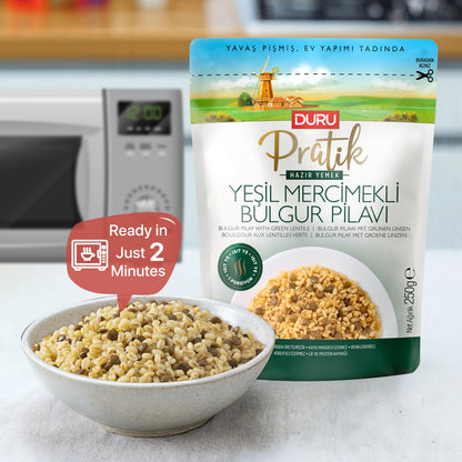 Duru Ready Bulgur Pilaf with Green Lentils, 250g x 4 Pack – Heat & Eat, 100% Natural, Non-GMO, BPA Free, No Trans Fat, No Preservatives
