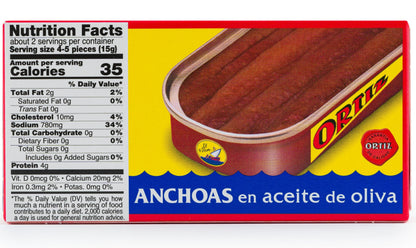 Ortiz Anchovies in Extra Virgin Olive Oil, Firm Buttery Fillets with a Rich Umami Taste, Wild Caught in Spain, Great for Pizza, Pasta and Caeser Salad, 1.67oz Can (Pack of 5)