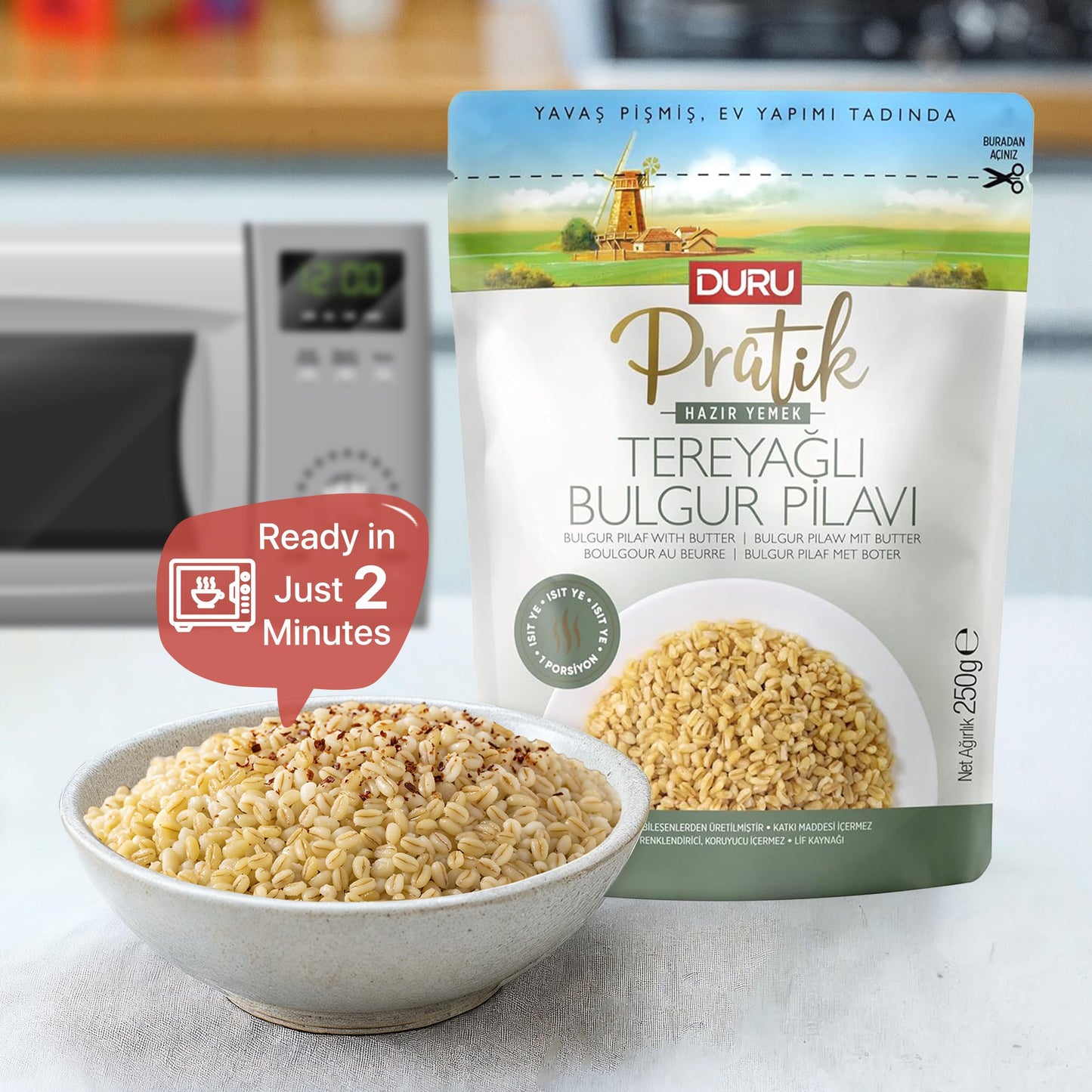 Duru Ready Bulgur Pilaf with Butter, 250g x 4 Pack – Heat & Eat, 100% Natural, Non-GMO, BPA Free, No Trans Fat, No Preservatives