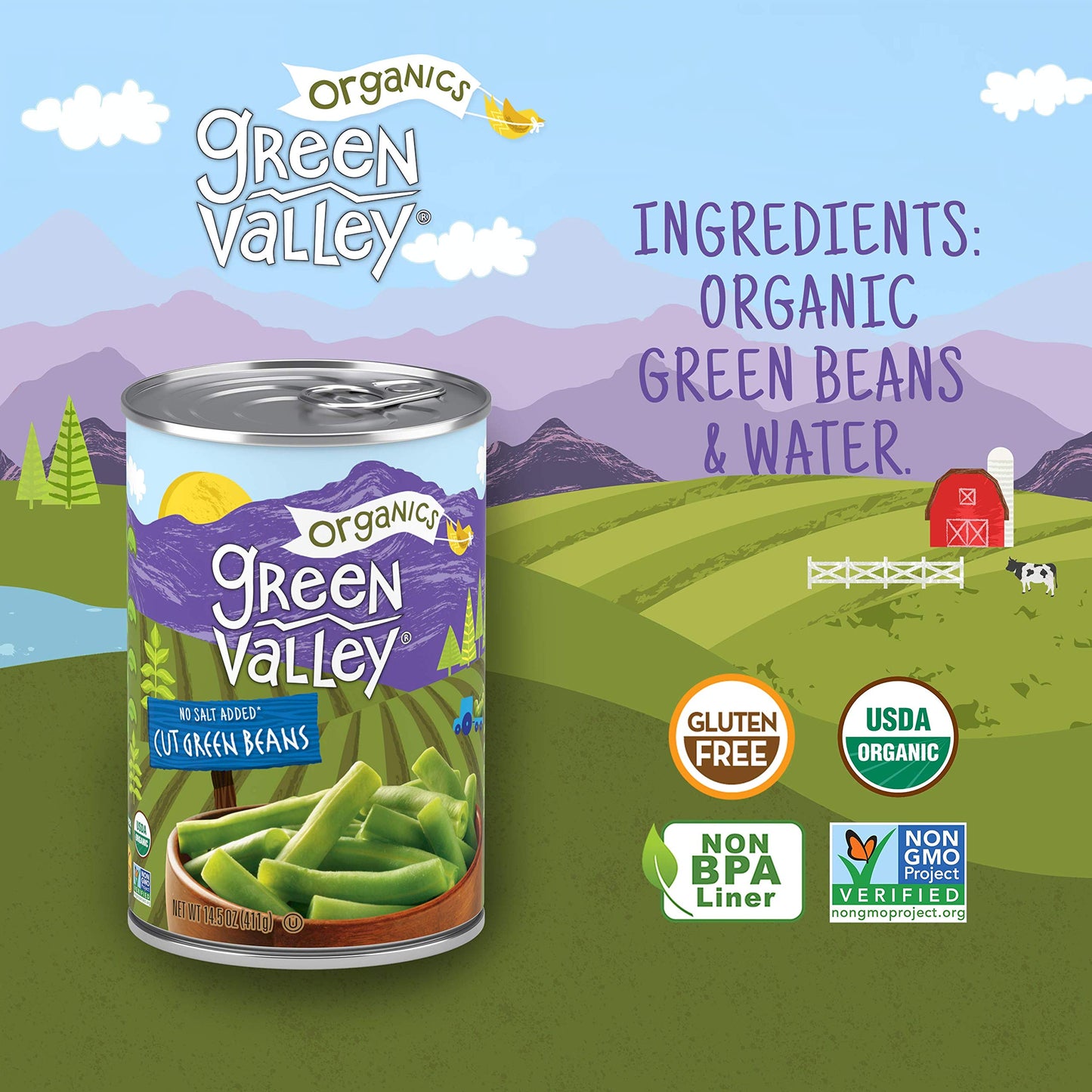 Green Valley Organics Cut Green Beans | Certified Organic | Non-GMO Project Verified | Deliciously Tender-Crisp | 14.5 ounce can (Pack of 12)