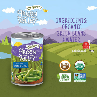 Green Valley Organics Cut Green Beans | Certified Organic | Non-GMO Project Verified | Deliciously Tender-Crisp | 14.5 ounce can (Pack of 12)