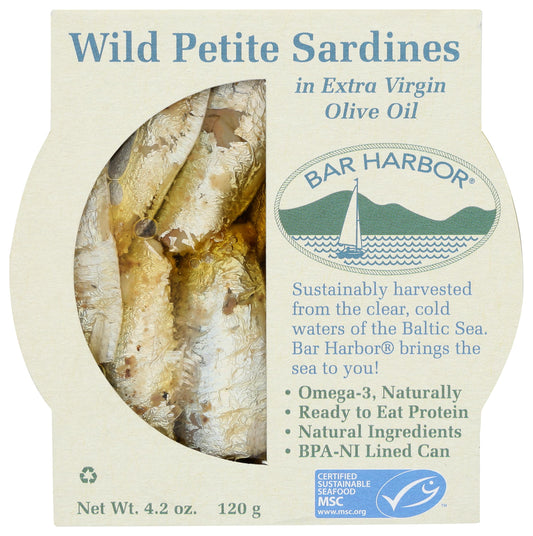 Bar Harbor Wild Petite Sardines in Extra Virgin Olive Oil, 4.2 oz – Wild Caught, Hand-Packed