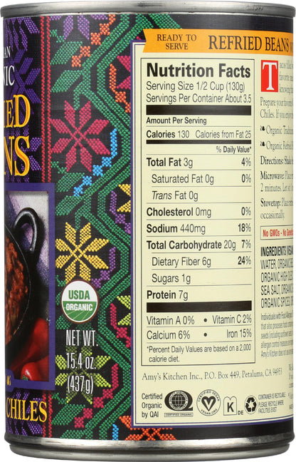 Amys, Beans Refried With Green Chiles Organic, 15.4 Ounce