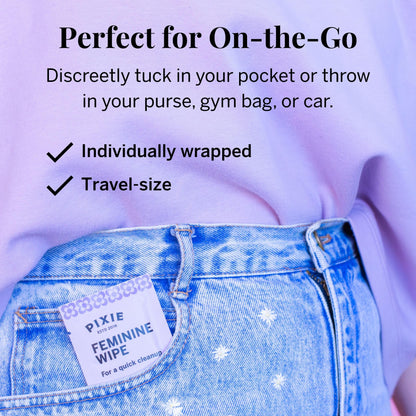 Pixie Feminine Wipes - Flushable, Biodegradable, & Ph Balanced - Individually Wrapped Packet Wipes for On The Go & Public Bathrooms - Wash & Cleaner For Your Menstrual Cups & Discs (2 Packs of 20)