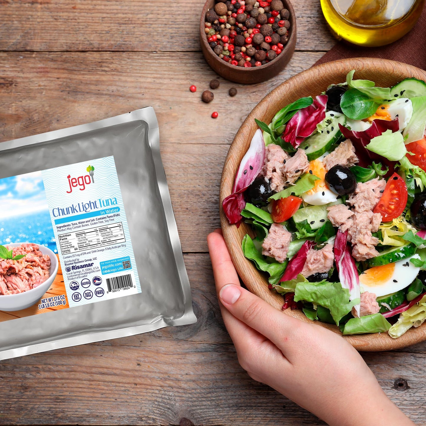 Jego Chunk Light Tuna in Water | Wild Natural Catch Tuna | Keto | Low Carb | Gluten Free | Soy Free | Ready to eat | 17.6 oz Pouch