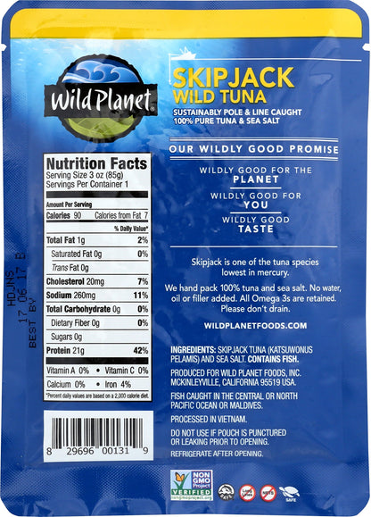 Wild Planet Skipjack Wild Tuna, Sea Salt, Pouch, Keto and Paleo, 3rd Party Mercury Tested, 3 Ounce (Pack of 12)