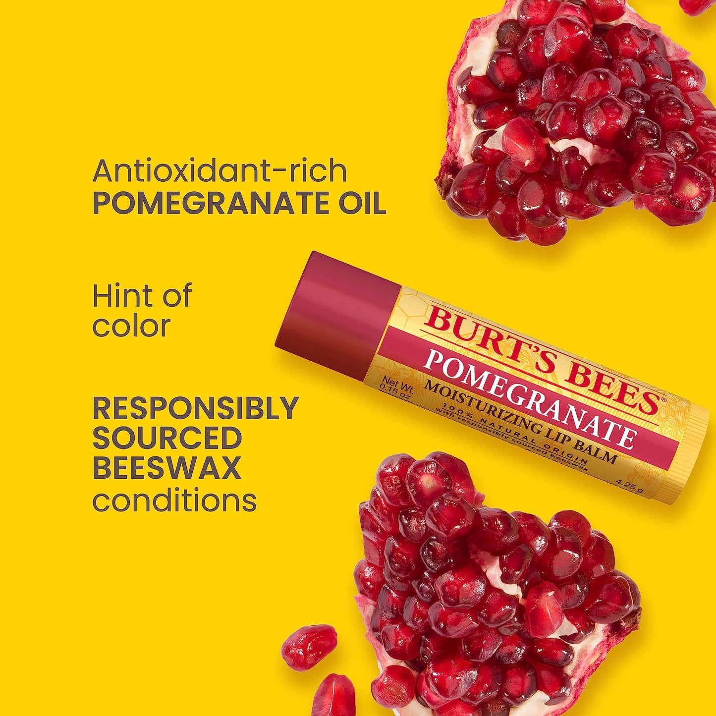 Burt'S Bees 100% Natural Moisturizing Lip Balm, Pomegranate With Beeswax And Fruit Extracts, 0.15 Ounce