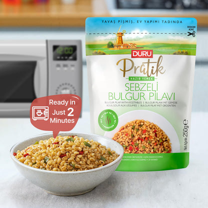 Duru Ready Bulgur Pilaf with Vegetables, 250g x 4 Pack – Heat & Eat, 100% Natural, Non-GMO, BPA Free, No Trans Fat, No Preservatives