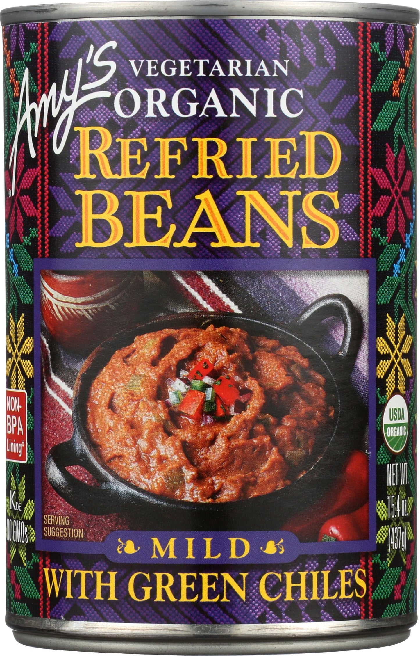 Amys, Beans Refried With Green Chiles Organic, 15.4 Ounce