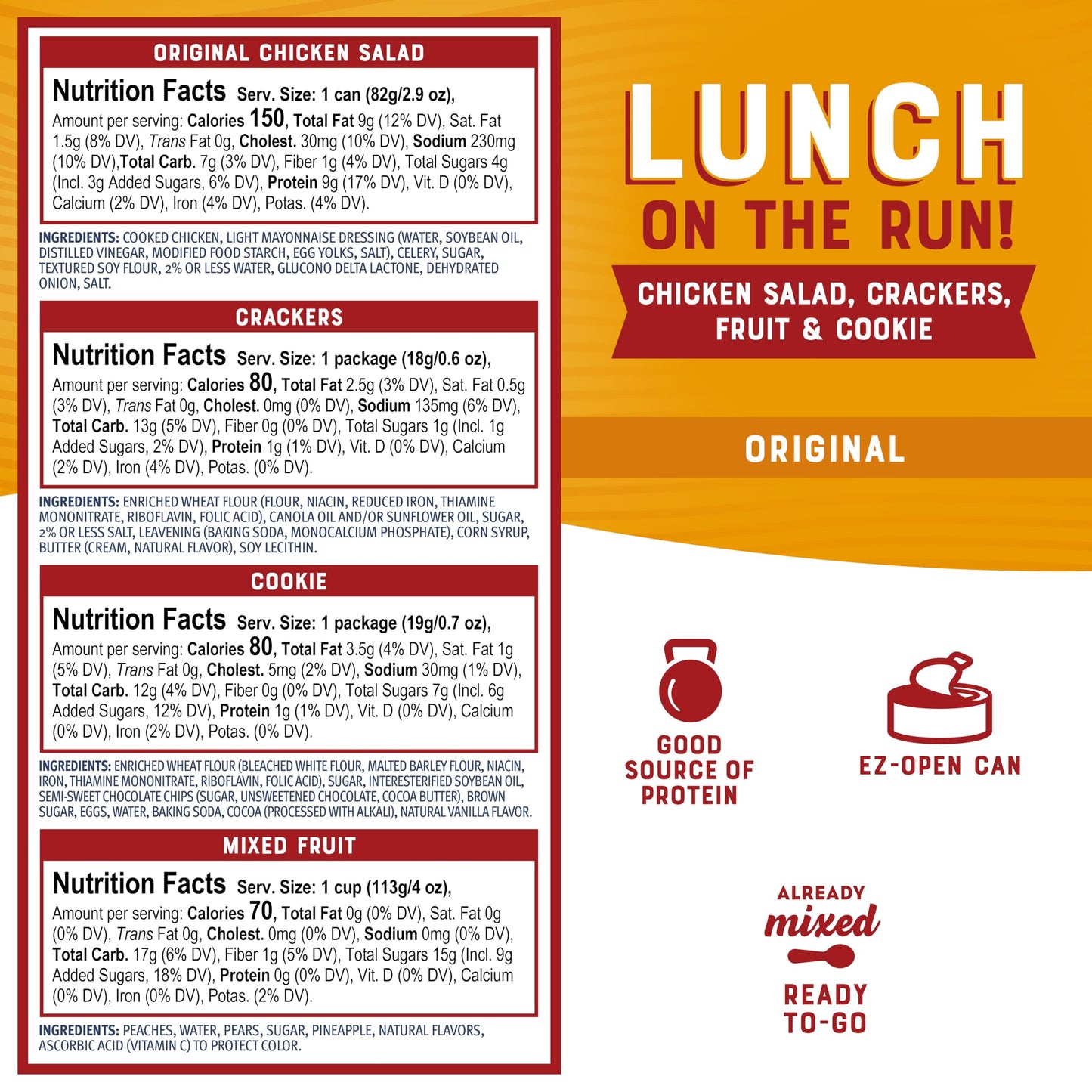 Bumble Bee Lunch On The Run Chicken Salad with Crackers Kit, 8.2 oz (Pack of 4) - Ready to Eat, Includes Crackers, Cookie & Mixed Fruit - Shelf Stable & Convenient Source of Protein, Easy Open Can