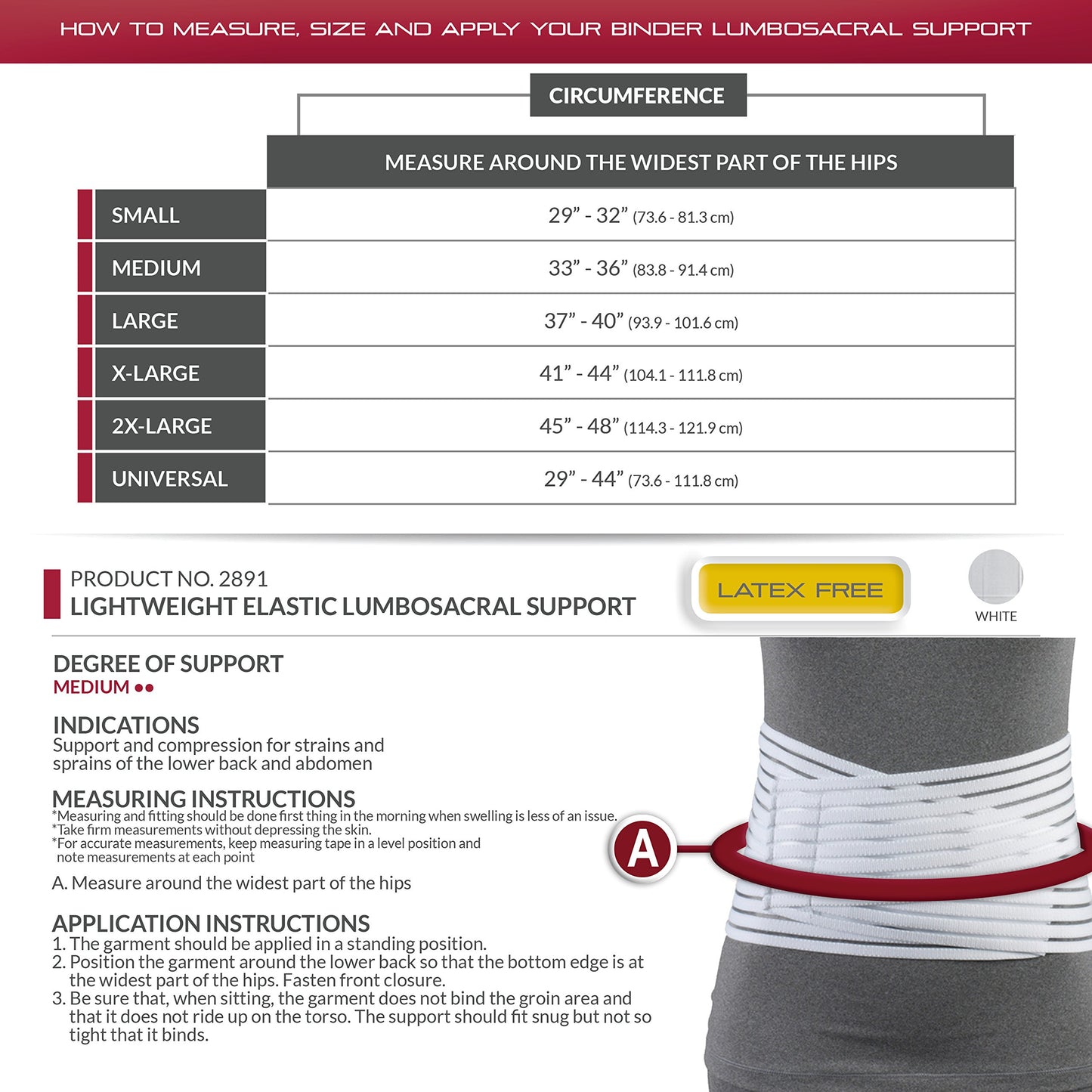 OTC Lumbosacral Support, 7-inch Lower Back, Lightweight Compression, Elastic, White, Large
