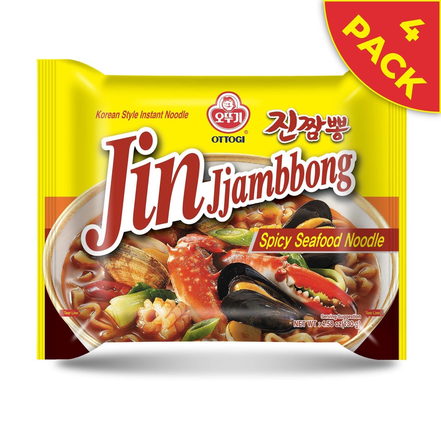OTTOGI JIN Jjambbong Korean Instant Ramen – Spicy Seafood Noodles, Red Broth, 4.58 oz (Pack of 4)