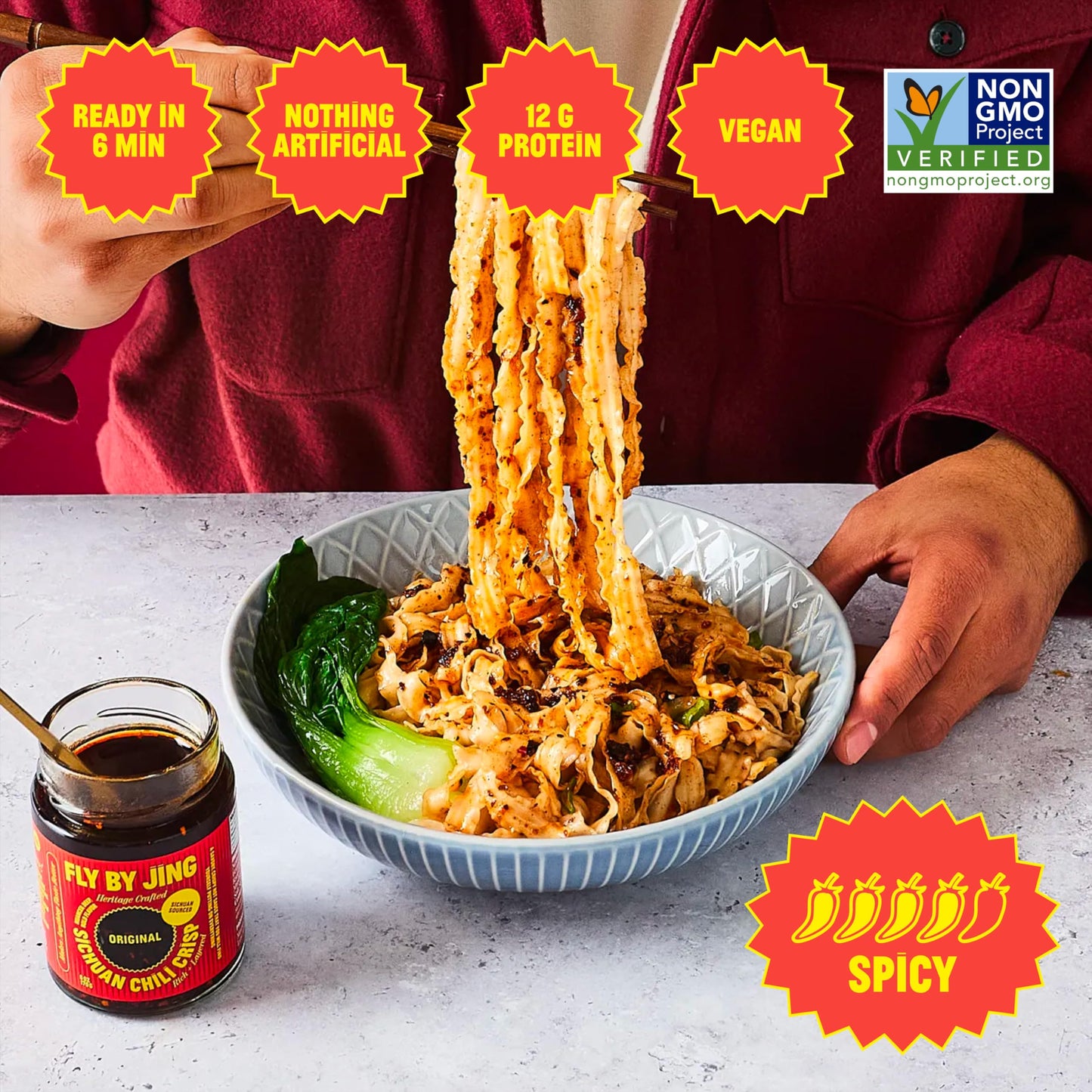 FLYBYJING Chili Crisp Noodles - Sun-Dried, Wavy Asian Instant Noodles Tossed in Sichuan Chili Crisp Sauce - Ready in 6 Minutes - Vegan, High Protein, No MSG, 4.02 oz (Pack of 6)