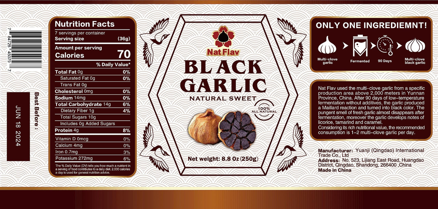 Nat Flav Multiclove Black Garlic, 8.8 Oz (250g.), Whole Bulbs, Fermented for 90 Days, Non-Additives, High in Antioxidants, Ready to Eat