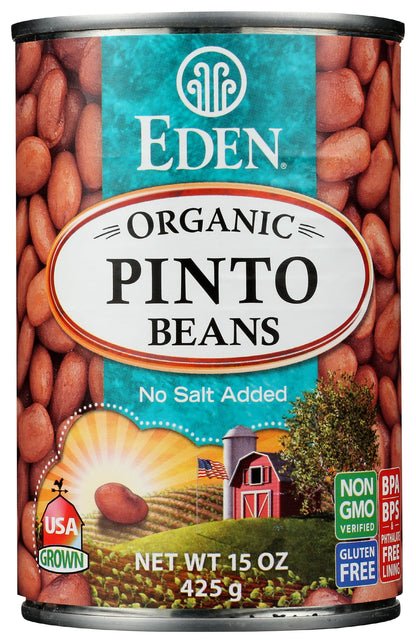 Eden Organic Pinto Beans, 15 oz Can, No Salt, Non-GMO, Gluten Free, Vegan, Kosher, U.S. Grown, Heat and Serve, Macrobiotic, Frijol Pinto