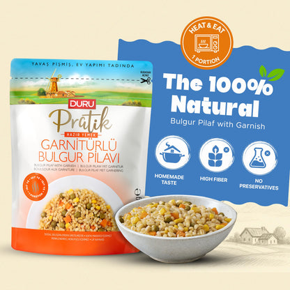 Duru Ready Bulgur Pilaf with Garnish, 250g x 4 Pack – Heat & Eat, 100% Natural, Non-GMO, BPA Free, No Trans Fat, No Preservatives